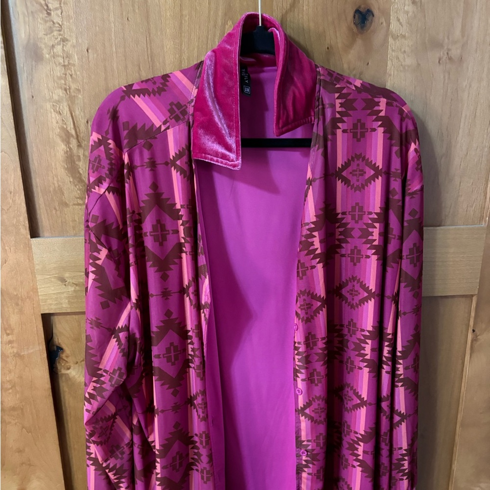 Western Aztec print, pink button shirt